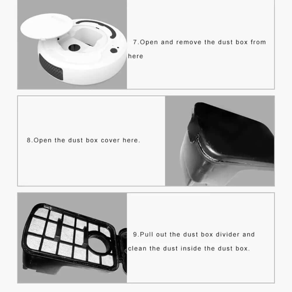 Step-by-step guide for removing and cleaning a robot vacuum dust box and filter.