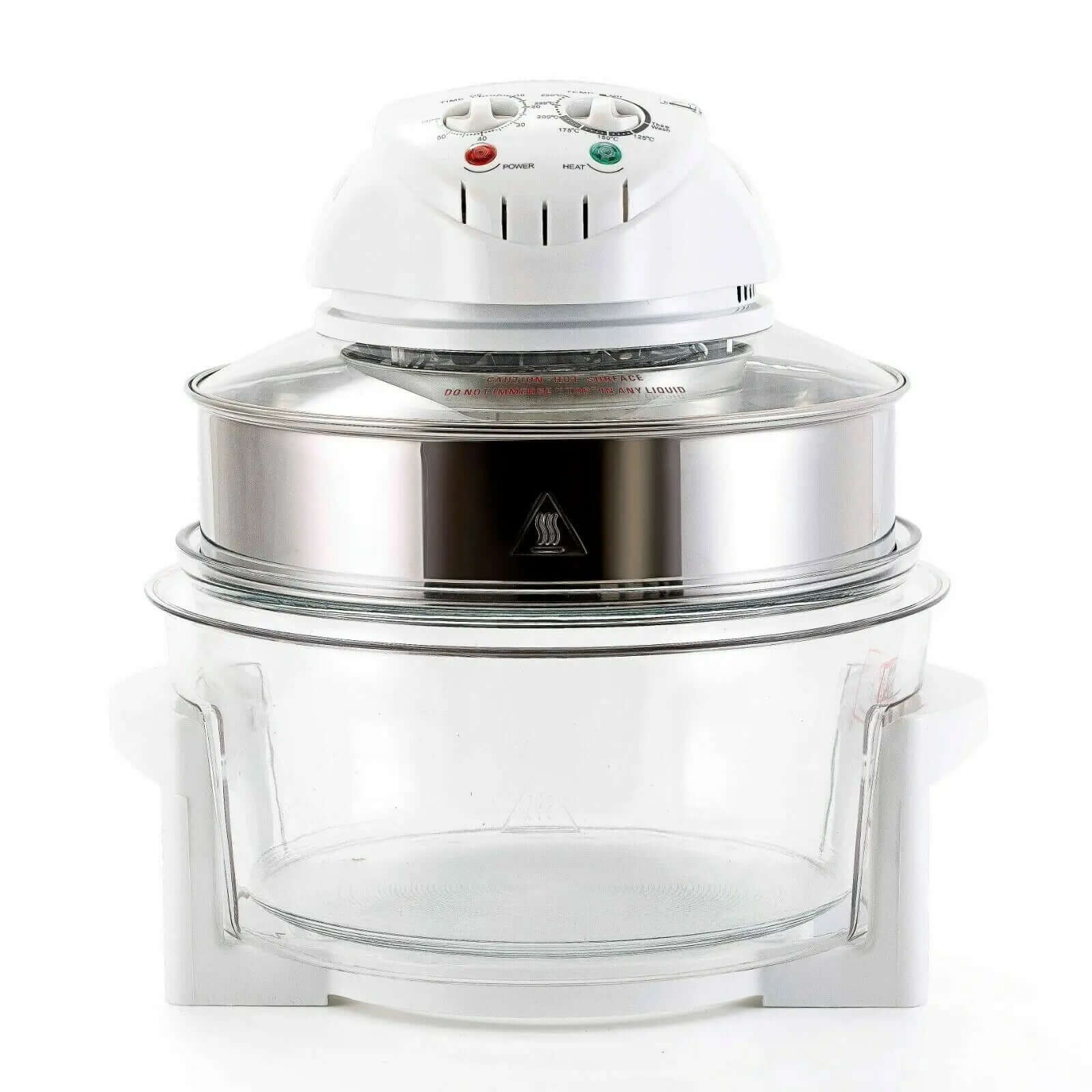 Countertop halogen convection oven with glass bowl and control dials for healthy cooking