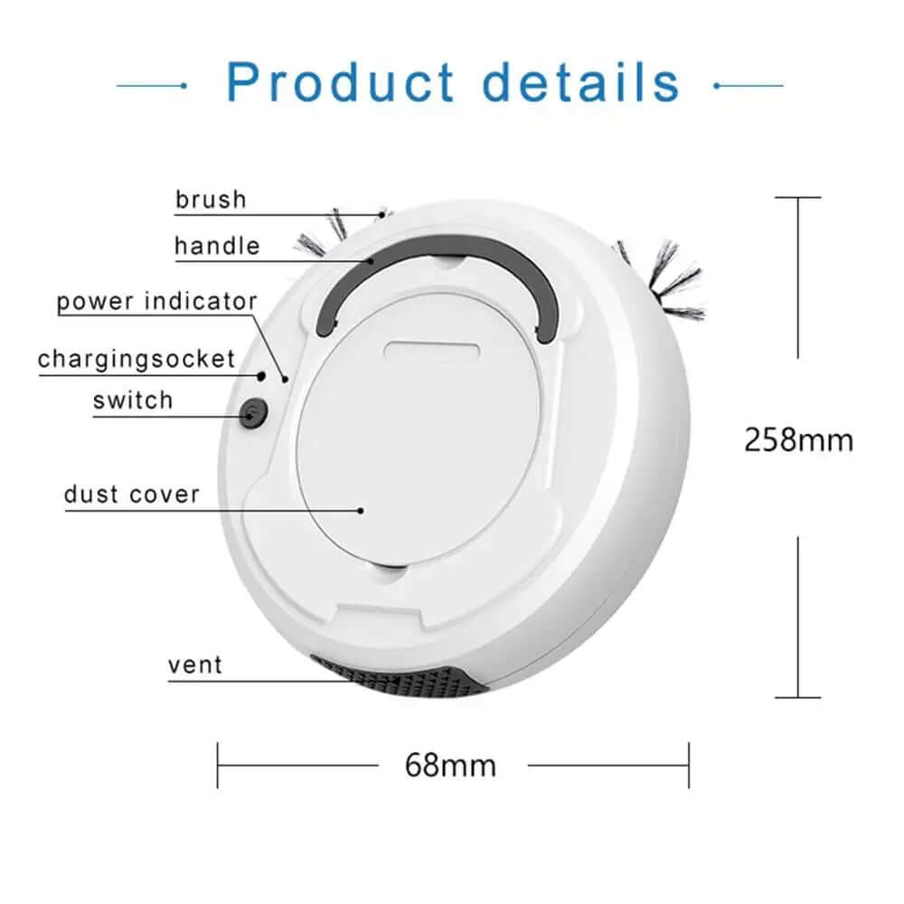 White robotic vacuum cleaner with labeled parts and dimensions, 258mm by 68mm.