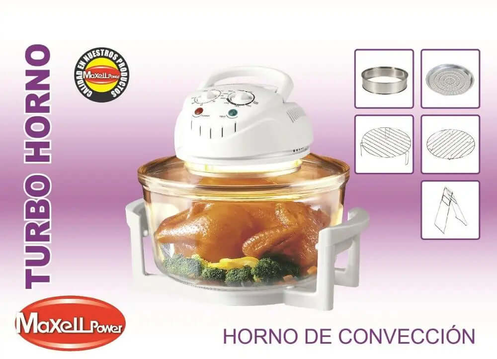 Turbo convection oven with glass bowl cooking a whole chicken and vegetables, kitchen accessories shown