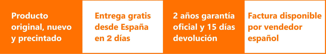 Orange and white banner highlighting new original product, free 2-day shipping from Spain, 2-year warranty, Spanish invoice available.