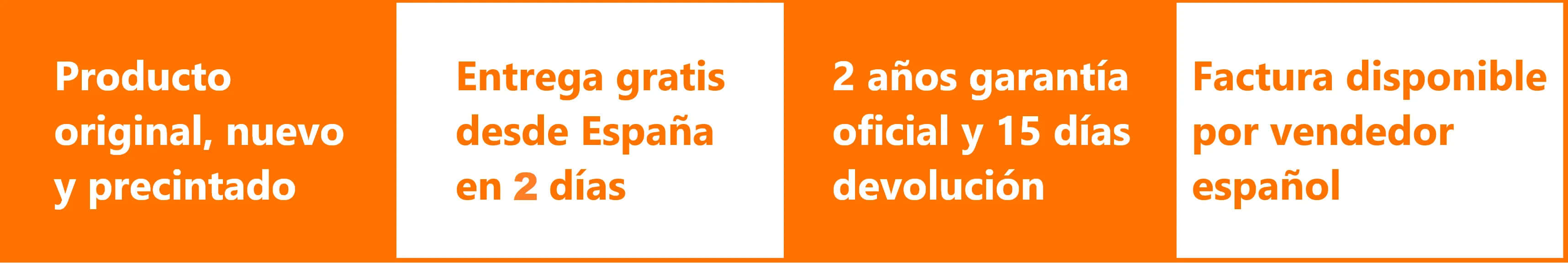 Orange and white banner highlighting new original product, free 2-day shipping from Spain, 2-year warranty, Spanish invoice available.