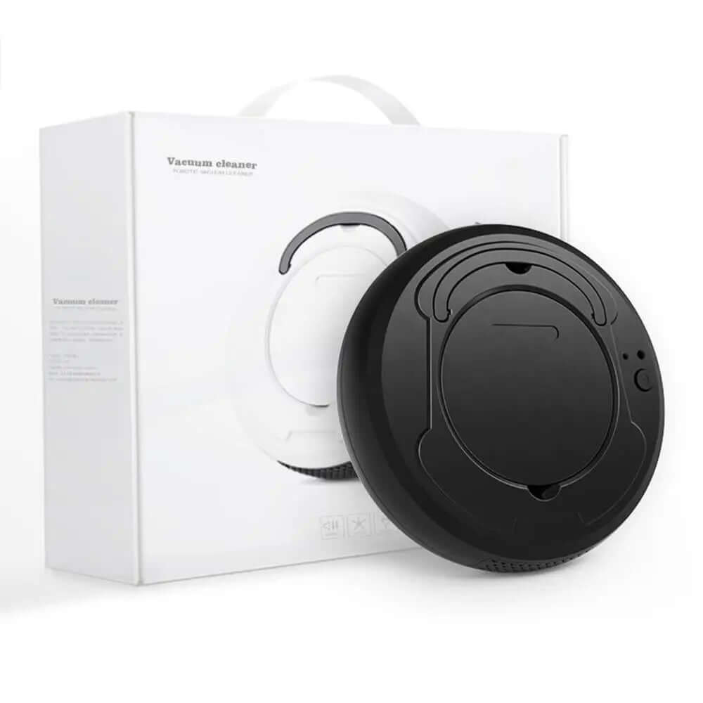 Black robotic vacuum cleaner with packaging, smart cleaning kitchen appliance