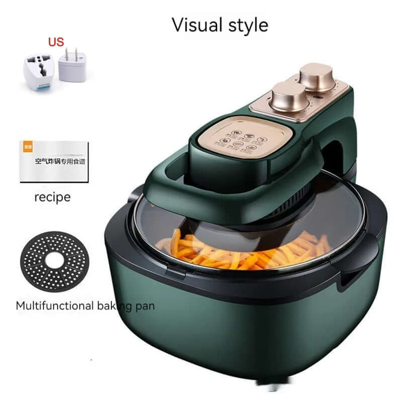 Electric air fryer oven with transparent lid, fries inside, multifunctional baking pan, US plug and recipe booklet
