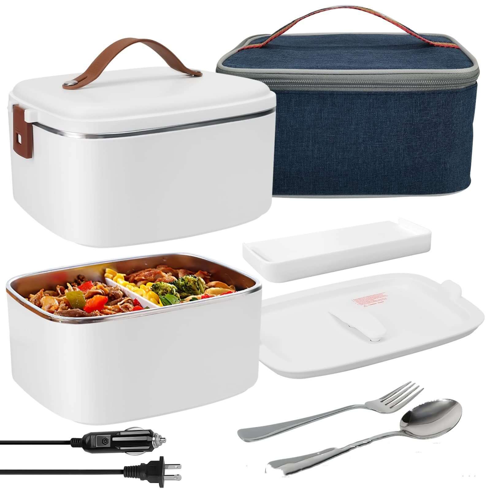 Electric lunch box set with food container, portable carrying case, cutlery, and power cords