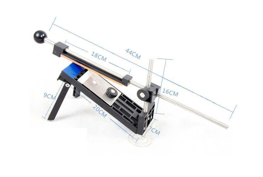 Adjustable kitchen knife sharpener with handle and measurement guide on white background