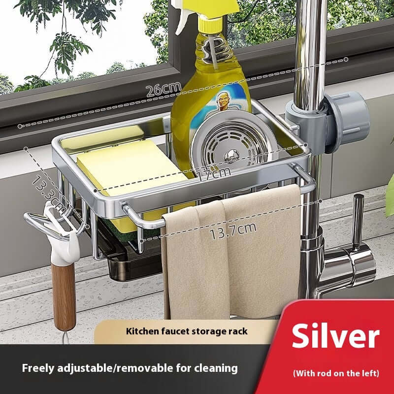 Silver kitchen faucet storage rack with hooks and towel bar, holding cleaning supplies