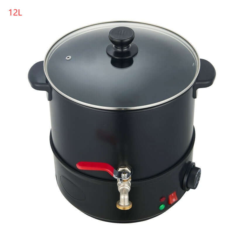 12L electric kitchen boiler with glass lid, spout, handles, and control switches