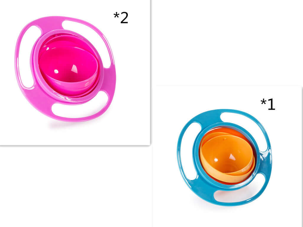 Two gyroscopic spill-proof snack bowls, one pink and one blue-orange, for kitchen use