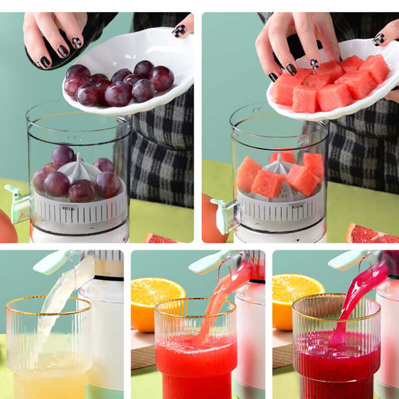Manual fruit juicer extracting juice from grapes and watermelon into glasses on kitchen counter