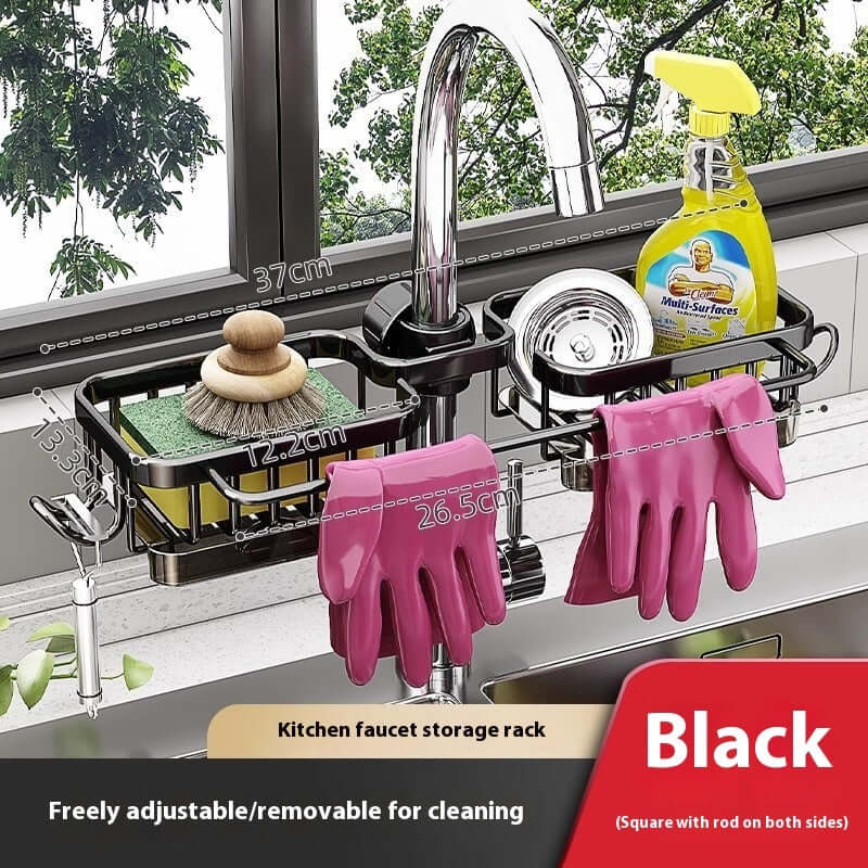 Black adjustable kitchen faucet storage rack with compartments for sponges, gloves, and cleaner
