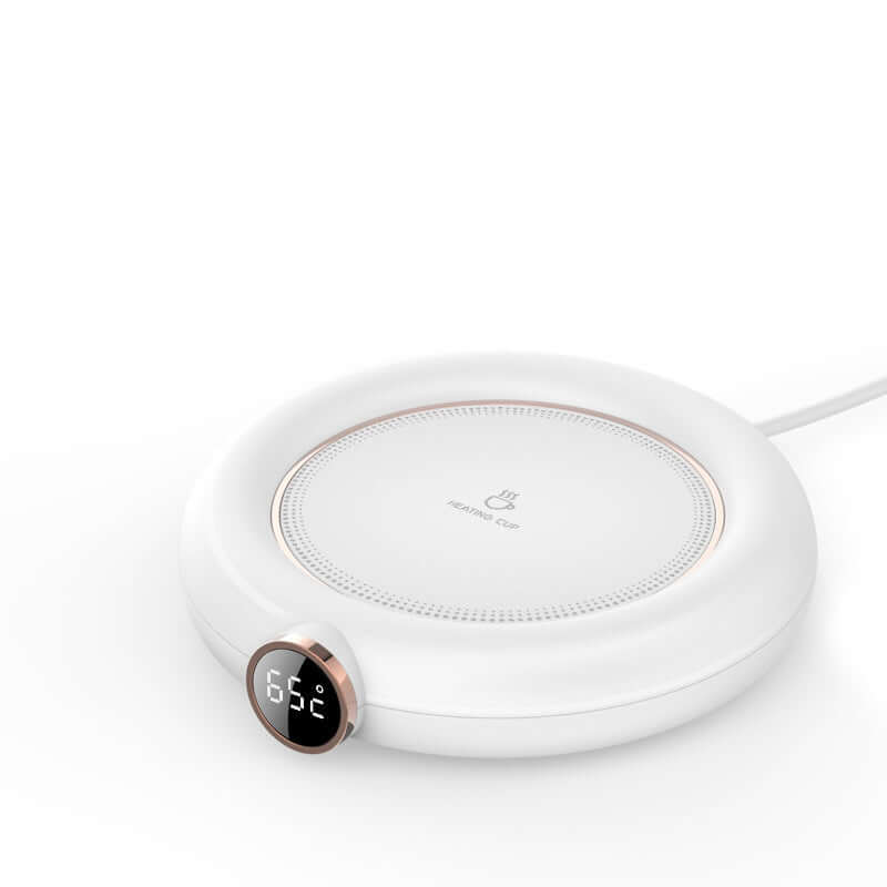 White electric mug warmer with digital temperature display for kitchen use