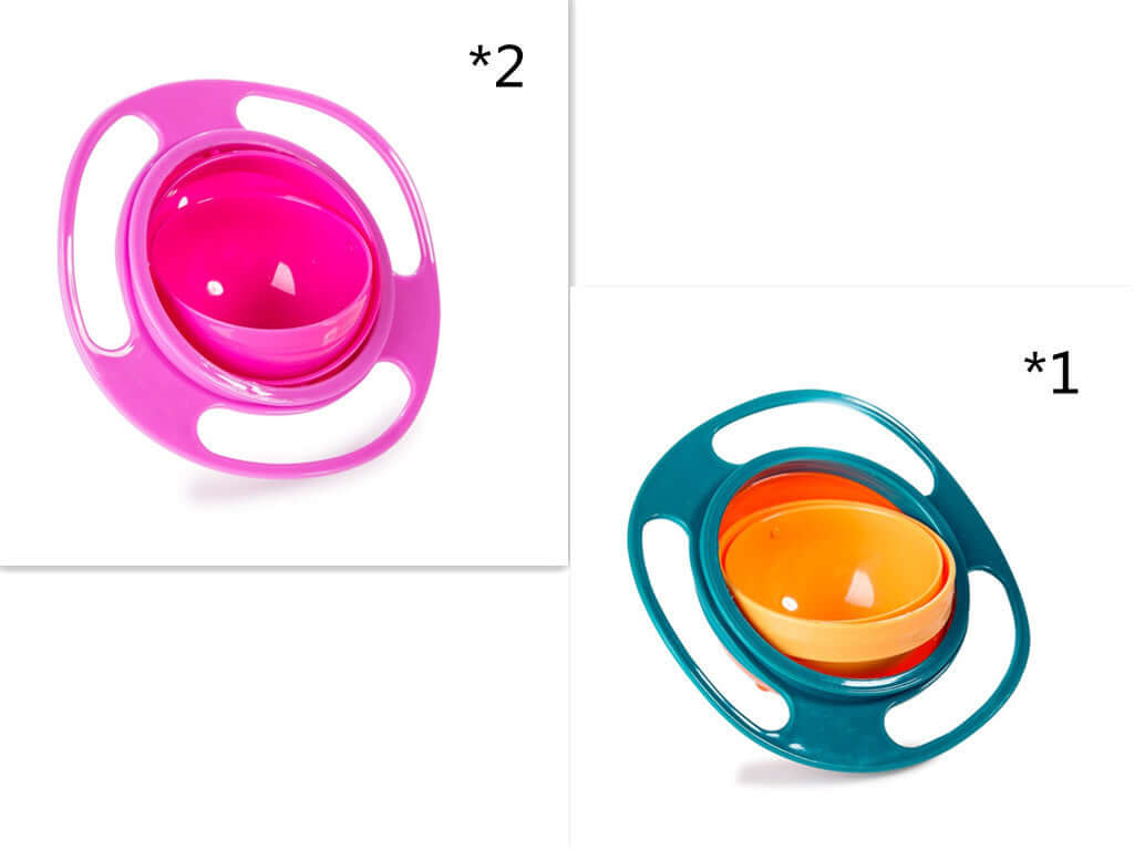 Two spill-proof gyroscopic toddler bowls, one pink and one blue-orange, on white background.