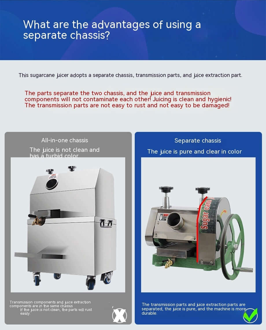 Comparison of all-in-one and separate chassis sugarcane juicers highlighting clean juice output and durable design.