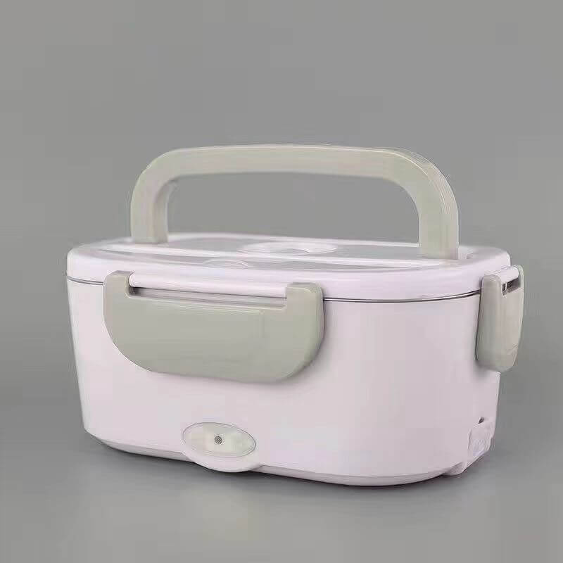 Portable electric lunch box with handle, grey and white, on a plain background