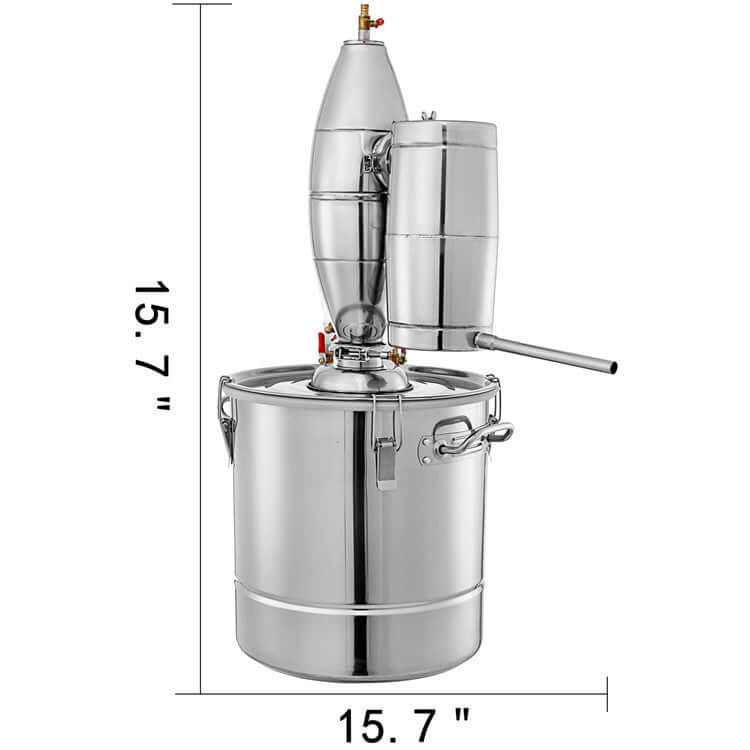 Stainless steel distiller with spout, 15.7 inch height and width, kitchen appliance.