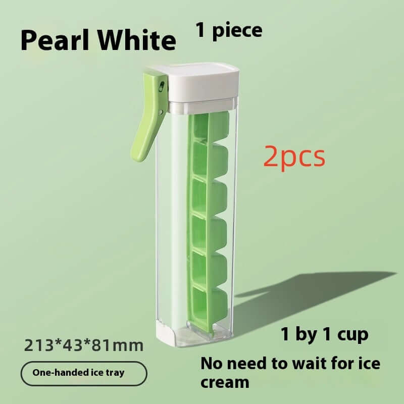 Pearl white one-handed ice tray with green lever and silicone ice cube slots, kitchen accessory.