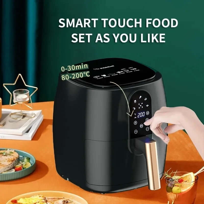 Black digital air fryer with smart touch controls on a kitchen table, hand adjusting settings