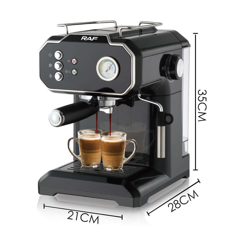 Black espresso coffee machine with two cups, steam wand, and size measurements in centimeters