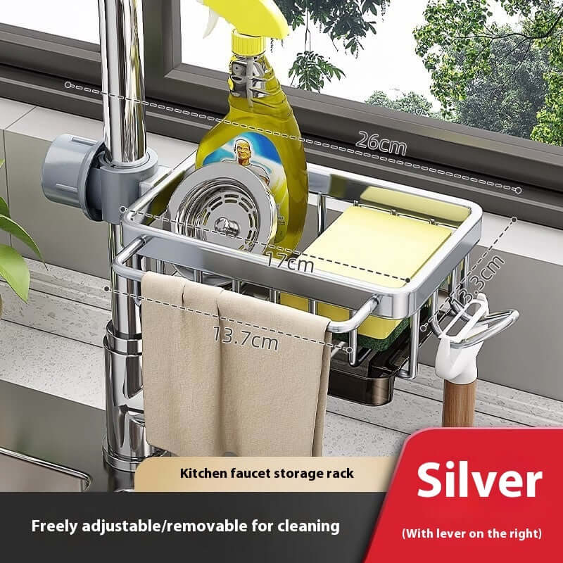 Silver kitchen faucet storage rack with sponge, towel, and soap organizer, adjustable design