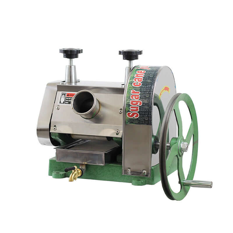 Manual stainless steel sugarcane juicer machine with green hand crank for kitchen use