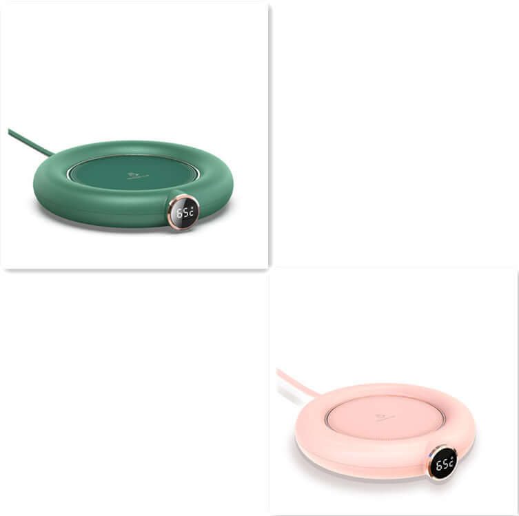 Electric mug warmer with digital temperature display in green and pink, kitchen accessory