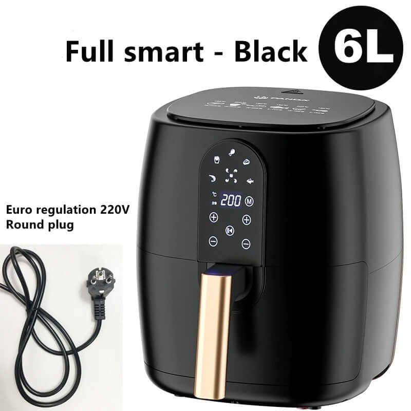 Black 6L smart air fryer with digital display and 220V Euro round plug for kitchen use