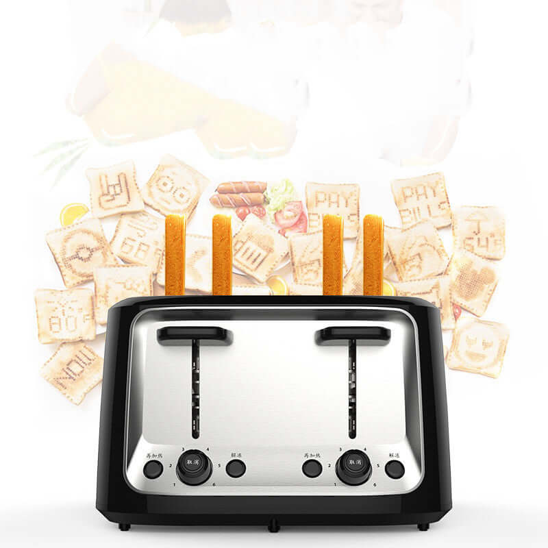 Four-slice stainless steel toaster with toast and fun printed bread slices in kitchen setting