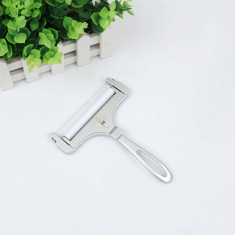 Stainless steel kitchen slicer tool on white background near green plant decor