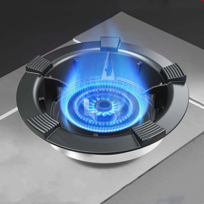 Modern gas stove burner with blue flame on stainless steel countertop