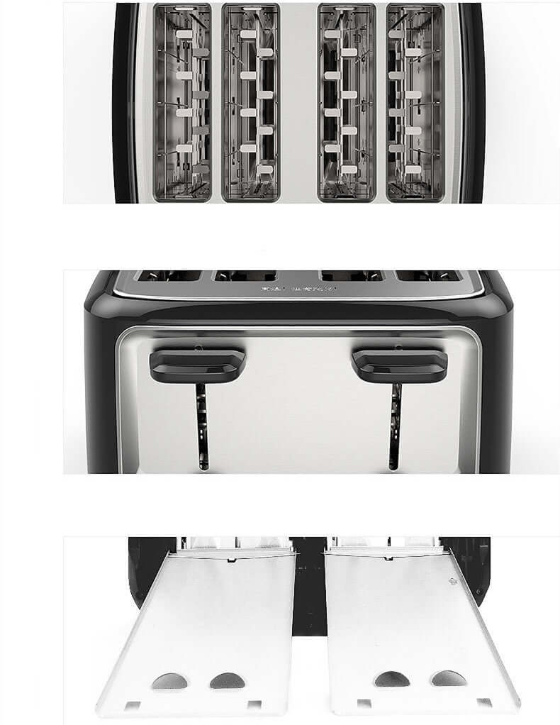 Four-slice stainless steel toaster with crumb trays and dual control levers, kitchen appliance