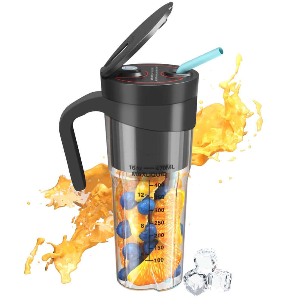 Portable blender cup with handle, filled with fruit, ice cubes, and orange juice splash