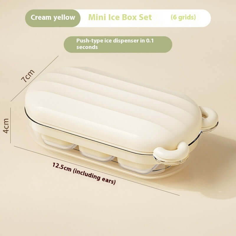 Cream yellow mini ice box set with 6 grids, push-type ice dispenser, compact kitchen accessory