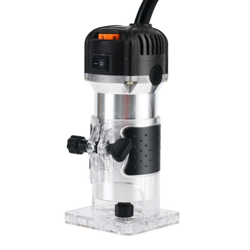 Electric handheld wood router tool with black grip and adjustable settings, isolated on white background