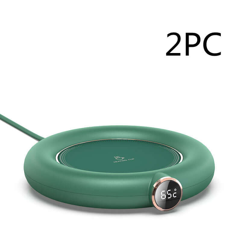 Green electric mug warmer with digital temperature display, kitchen accessory, 2 pieces