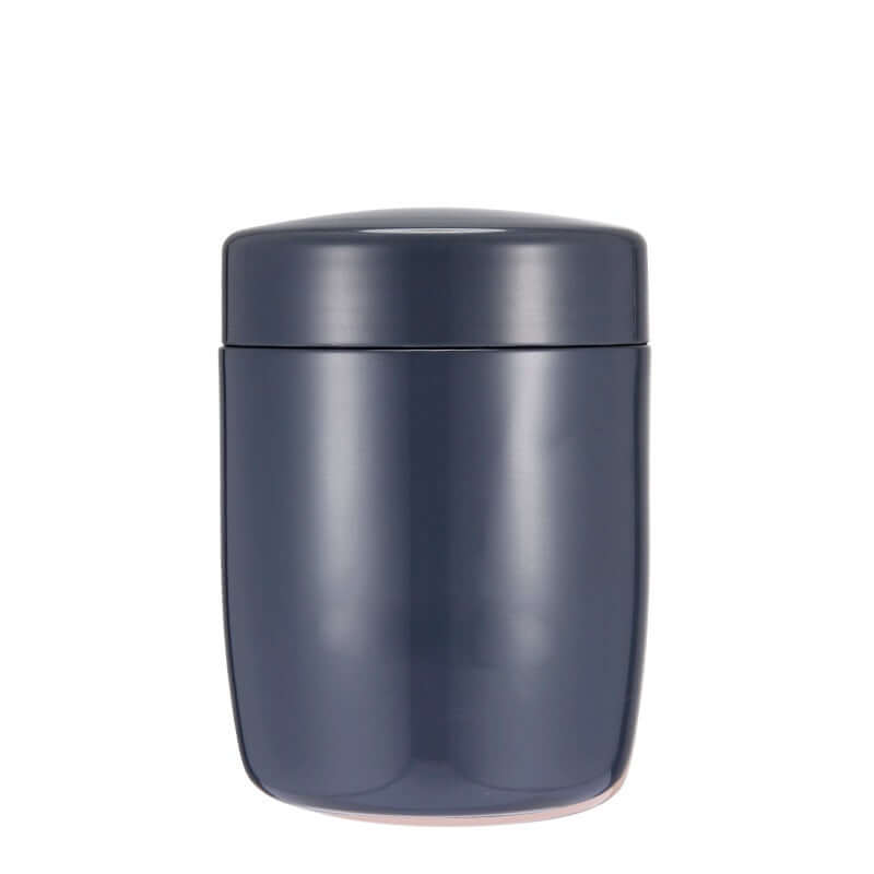 Dark blue insulated food jar with lid, modern kitchen container on white background