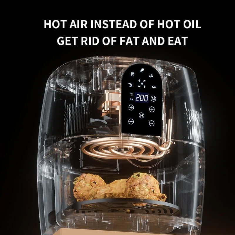 Transparent air fryer with digital display cooking chicken drumsticks using hot air