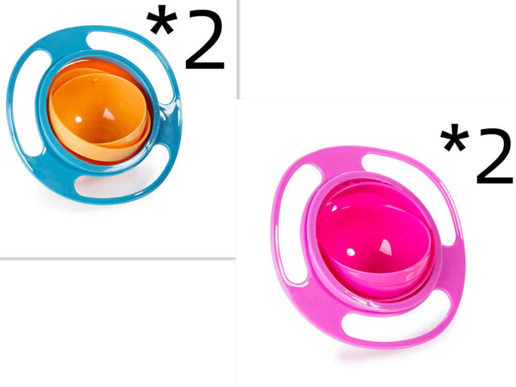 Set of four spill-proof gyro bowls, two blue with orange and two pink with pink, for kitchen use