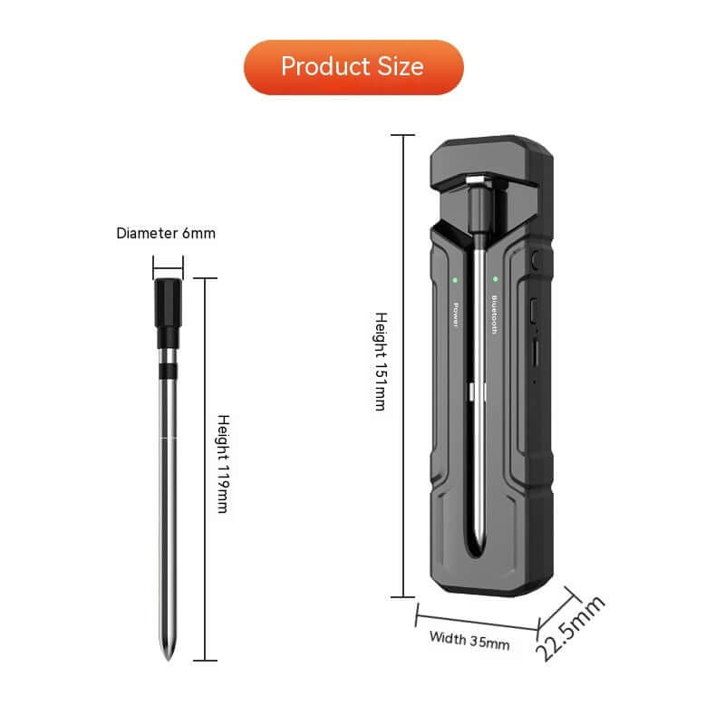 Smart kitchen thermometer with case, showing product dimensions in millimeters.