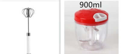 Manual hand whisk and 900ml food chopper with red lid, essential kitchen accessories.
