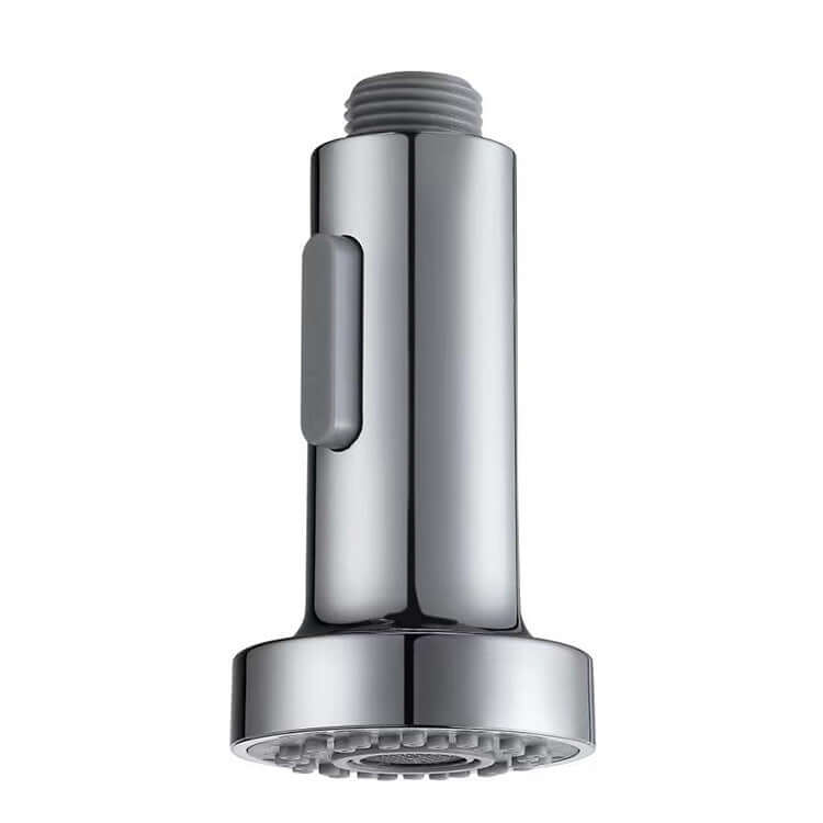 Chrome kitchen faucet sprayer head replacement with grey button, isolated on white