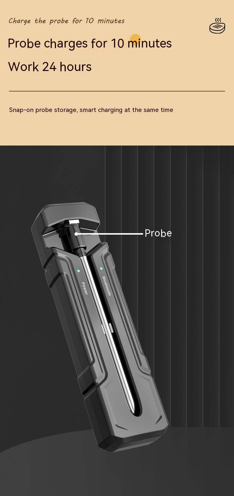 Smart kitchen thermometer probe with case, fast 10-minute charge for 24-hour use, labeled features.