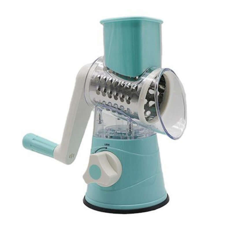 Manual rotary cheese grater with handle and suction base for kitchen use