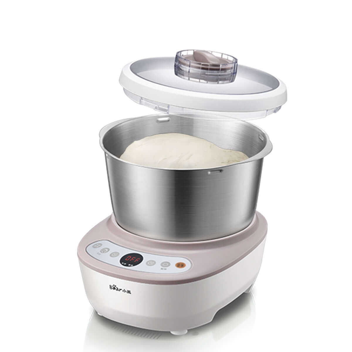 Electric dough maker with digital controls, stainless steel bowl, and dough inside