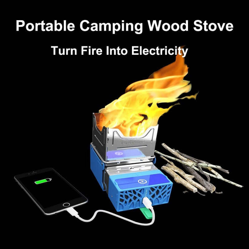 Portable camping wood stove generating electricity, charging phone, with burning fire and sticks