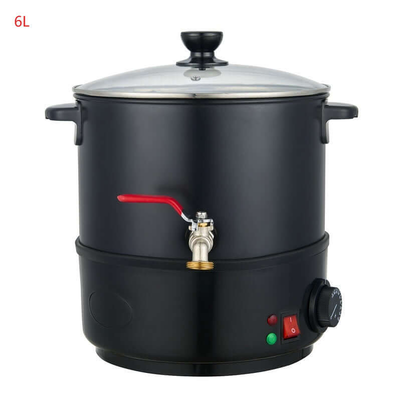 Electric black 6L kitchen appliance with tap, control knob, and glass lid for cooking or heating