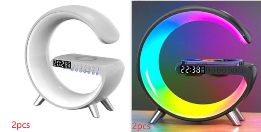 Modern G-shaped LED alarm clock and wireless charger in white and multicolor, set of 2