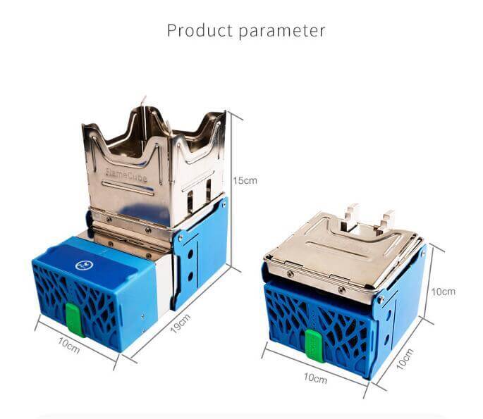 Portable stainless steel foldable camping stove with blue casing, two size measurements shown