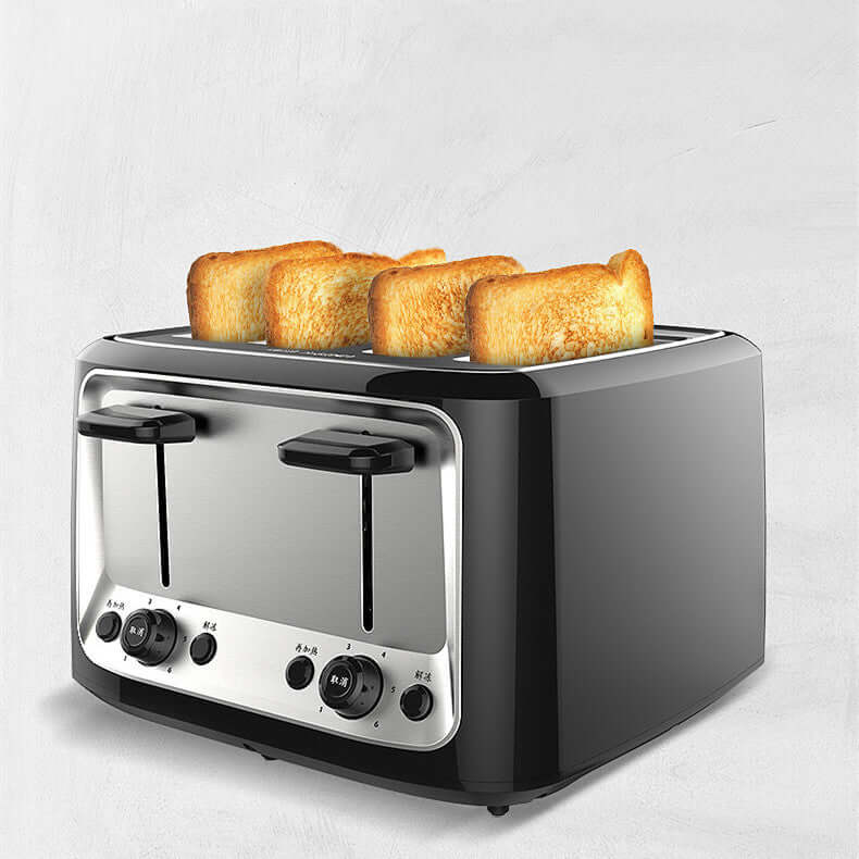 Four-slice stainless steel toaster with toasted bread on a white kitchen counter