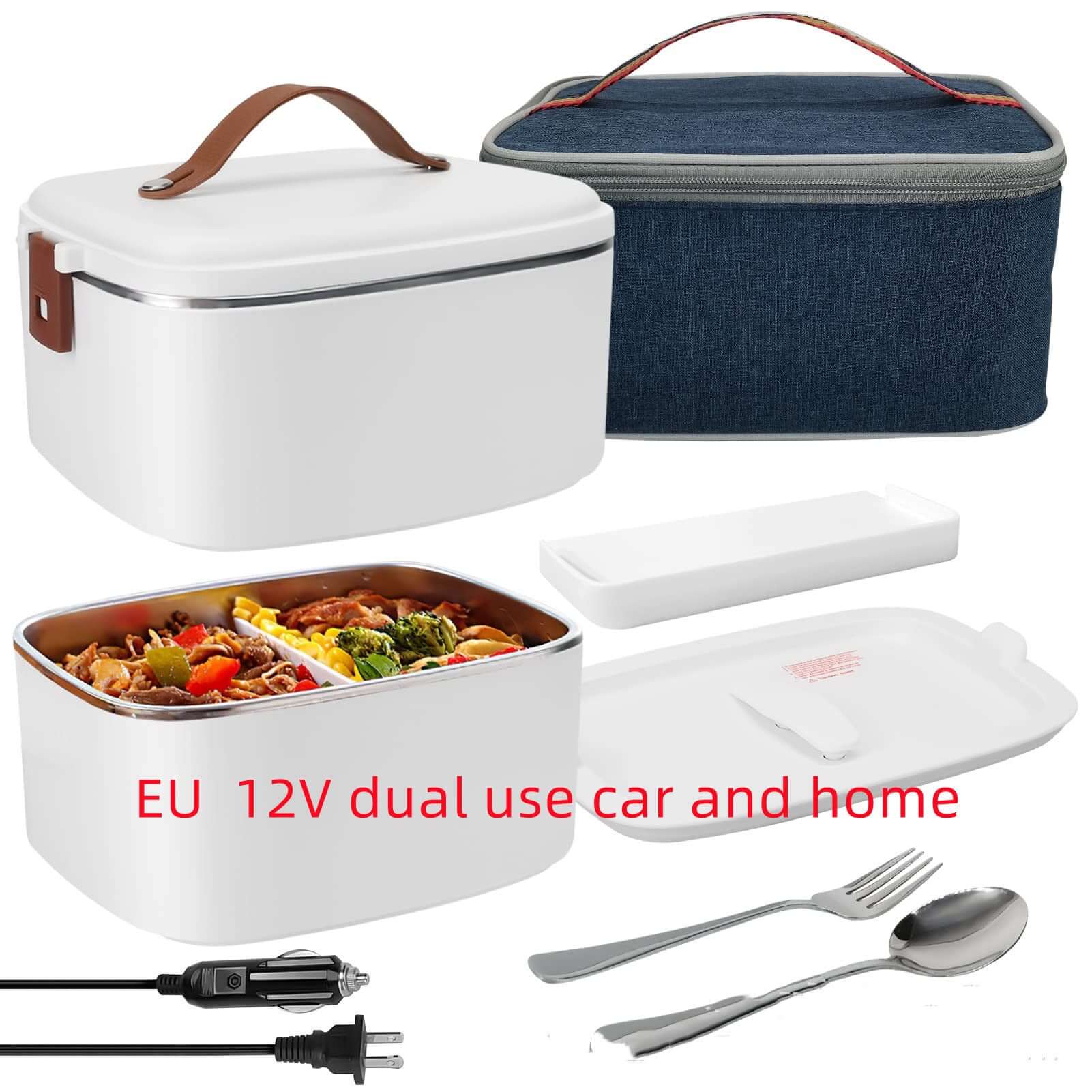 Electric lunch box with handle, blue insulated bag, power cables, utensils, and food compartments